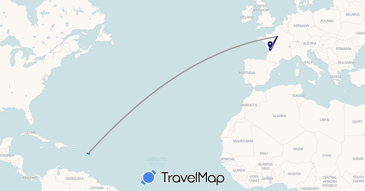 TravelMap itinerary: driving, plane, train, boat in France, Guadeloupe (Europe, North America)